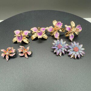 Vintage Purple Pink Orchid Flower Clip-On Earrings Brooch Pin Lot Gold Tone